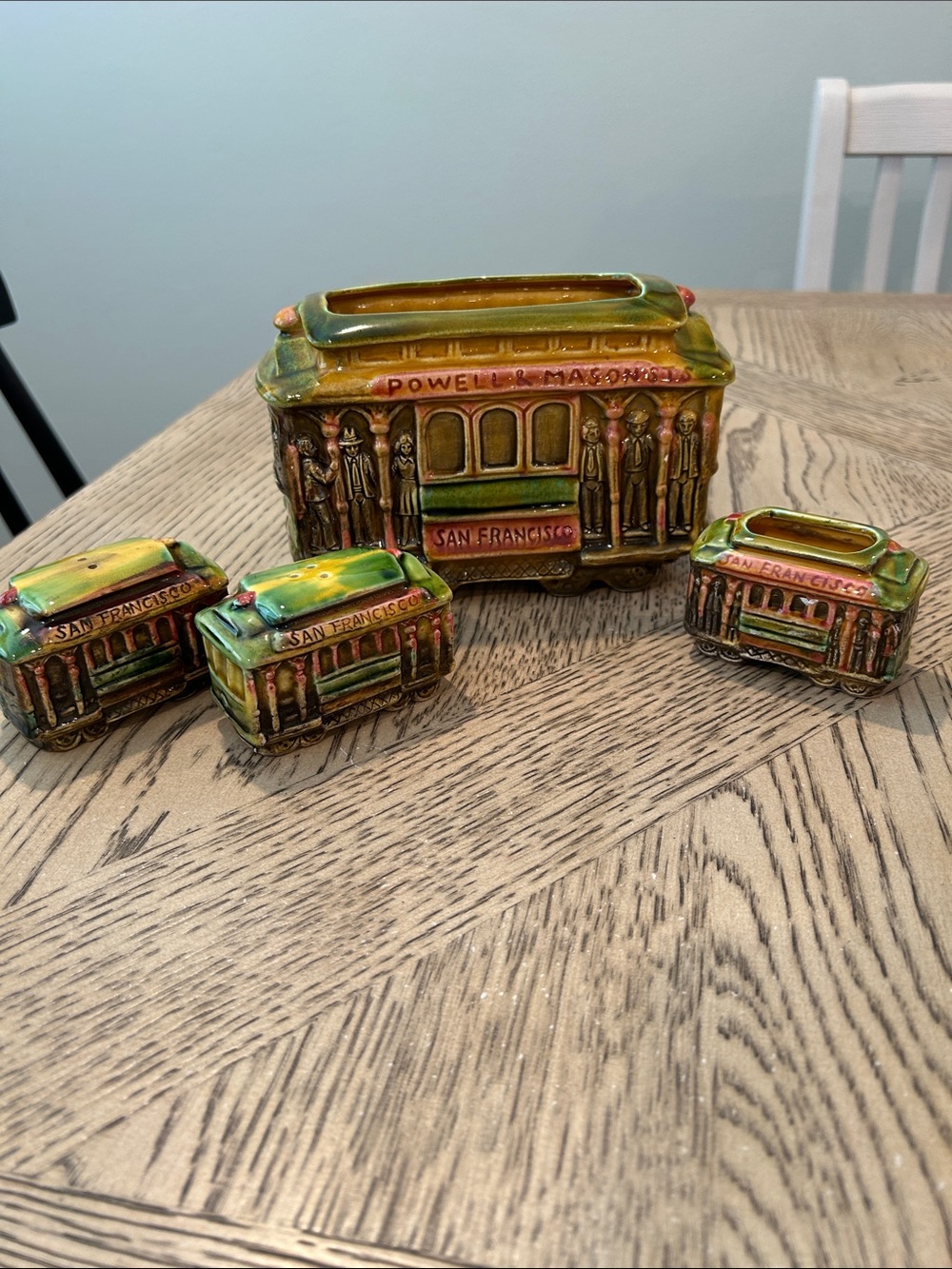 Vintage San Francisco Cable Car Planter/ Napkin holder, salt/ pepper shakersSet